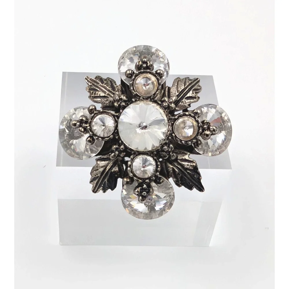 VTG Silver Tone Snowflake Leaf‎ Pendant Brooch Clear Rhinestone Flower Statement